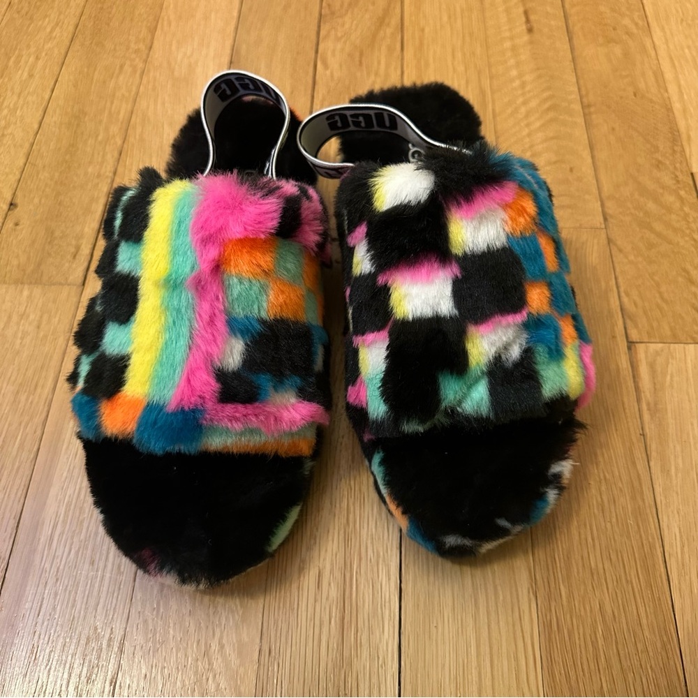 UGG Women's Fluff Yeah Checkered Print Fur Slides